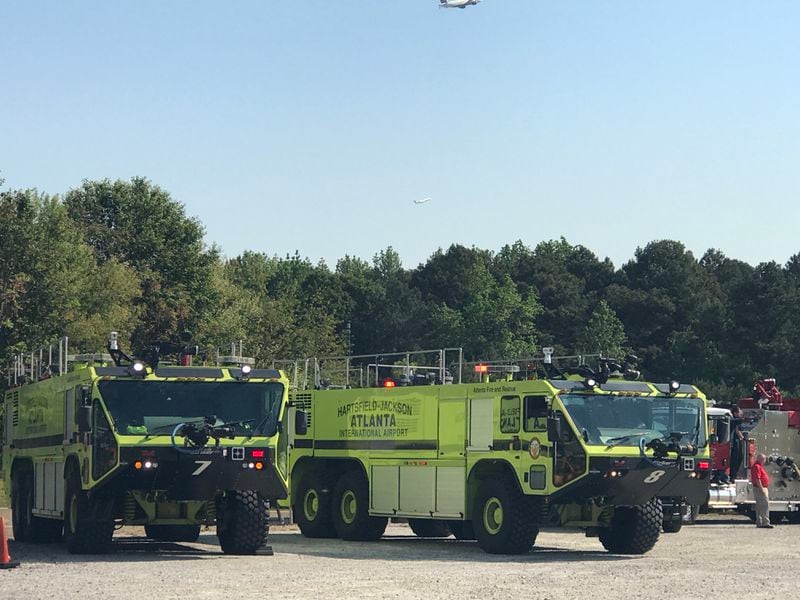 Airport Rescue Fire Fighting striker units at the airport’s fire training center April 13, 2017. Units 7 and 8 responded to the I-85 fire on March 30, 2017.