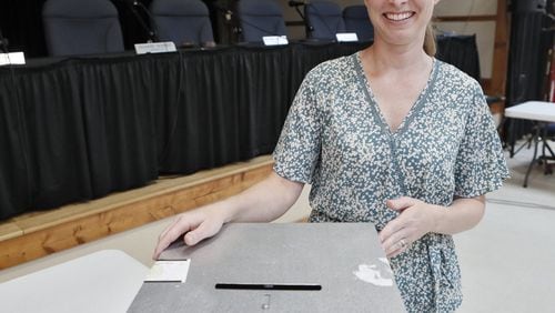 Dana Wicher with the ballot box used in Chattahoochee Hills’ elections. Wicher is the city clerk and is in charge of elections in the tiny Fulton city, which formed in 2007 and uses paper ballots. Bob Andres / robert.andres@ajc.com