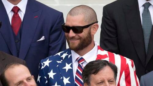 Jonny Gomes got dressed up when the 2013 World Series champion Red Sox visited the White House (AP Photo/Carolyn Kaster)