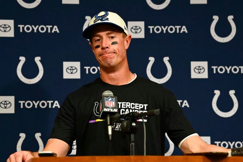 Indianapolis Colts quarterback Matt Ryan speaks during a news conference following an NFL football game between the Tennessee Titans and the Indianapolis Colts Sunday, Oct. 23, 2022, in Nashville, Tenn. The Titans won 19-10. (AP Photo/Mark Zaleski)