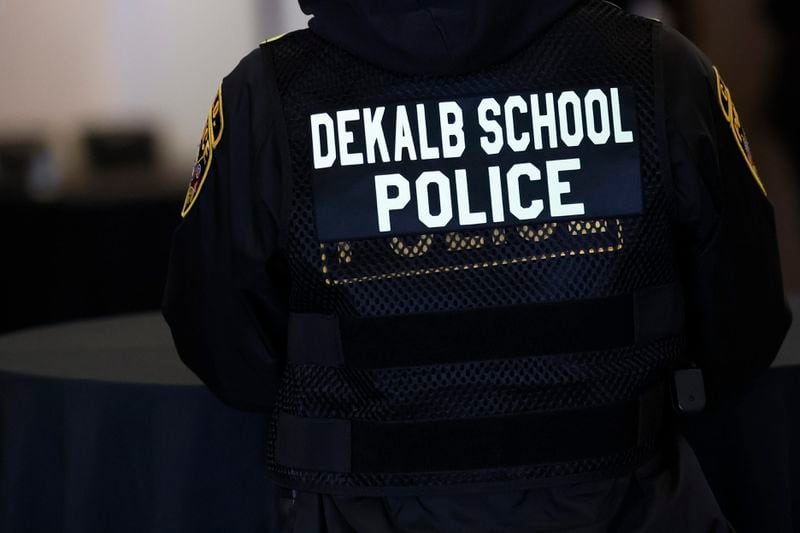 A school resource officer guarded the DeKalb County State of the District address at Courtyard by Marriott in Decatur on Thursday, March 14, 2024. Metro Atlanta school districts have had trouble hiring enough resource officers in recent years, amid a tough law enforcement labor market nationwide. (Miguel Martinez /miguel.martinezjimenez@ajc.com)