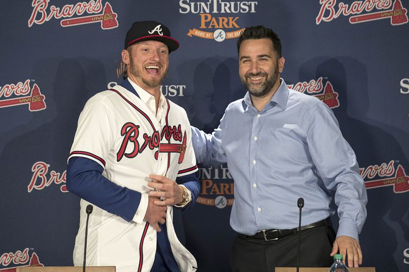 Braves General Manager Alex Anthopoulos (right) introduces Josh Donaldson as a newly signed player during a press conference on November 27, 2018. (ALYSSA POINTER/ALYSSA.POINTER@AJC.COM)