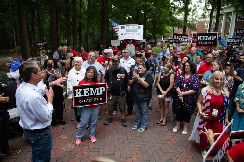 Secretary of State Brian Kemp talks to a crowd at his campaign rally for governor at the Roswell City Hall on Sunday, July 22, 2018. (Photo: STEVE SCHAEFER / SPECIAL TO THE AJC)