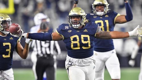 Georgia Tech's defensive lineman Antwan Owens (89) celebrates after he recovered a fumble by Duke wide receiver Eli Pancol (6) at Georgia Tech's Bobby Dodd Stadium in Atlanta on Saturday, November 28, 2020. Georgia Tech won 56-33 over Duke. (Hyosub Shin / Hyosub.Shin@ajc.com)