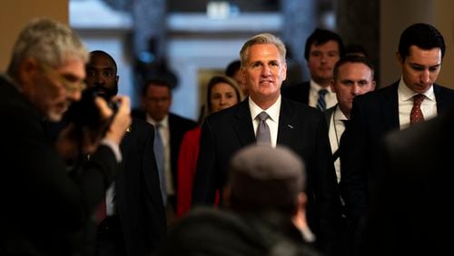 House Speaker Kevin McCarthy, R-Calif., at the U.S. Capitol in Washington on Sept. 30, 2023. McCarthy, who for weeks resisted partnering with Democrats, needed their support to pass a measure that would keep the federal government temporarily open. (Haiyun Jiang/The New York Times)