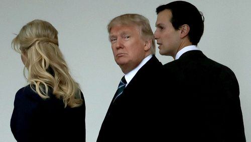WASHINGTON, DC - MARCH 17: U.S. President Donald Trump (C) walks along the West Wing colonnade with his daughter Ivanka Trump (L) and his son-in-law and Senior Advisor to the President for Strategic Planning Jared Kushner before he departs the White House March 17, 2017 in Washington, DC. The first family is scheduled to spend the weekend at their Mar-a-Lago Club in Palm Beach, Florida. (Photo by Chip Somodevilla/Getty Images)