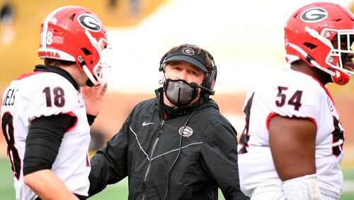 Georgia head coach Kirby Smart is seen on the sidelines during the first half of an NCAA college football game against Missouri Saturday, Dec. 12, 2020, in Columbia, Mo. (AP Photo/L.G. Patterson)