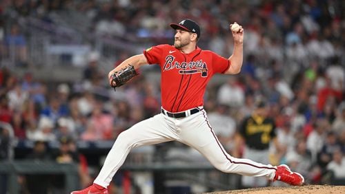 Atlanta Braves' relief pitcher Dylan Lee (52) throws a pitch against the Pittsburgh Pirates during the eighth inning at Truist Park, Friday, September 8, 2023, in Atlanta. Atlanta Braves won 8-2 over Pittsburgh Pirates. (Hyosub Shin / Hyosub.Shin@ajc.com)