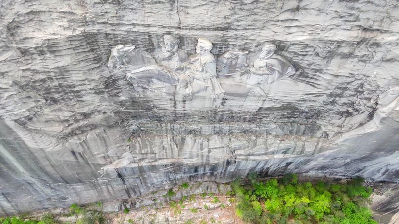 April 20, 2021 Stone Mountain - Aerial photograph shows Confederate Memorial Carving at Stone Mountain Park on Tuesday, April 20, 2021. (Hyosub Shin / Hyosub.Shin@ajc.com)