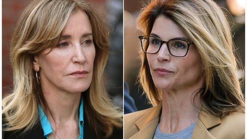Felicity Huffman, left, and Lori Loughlin outside of federal court in Boston on April 3, where they faced charges in a nationwide college admissions bribery scandal.