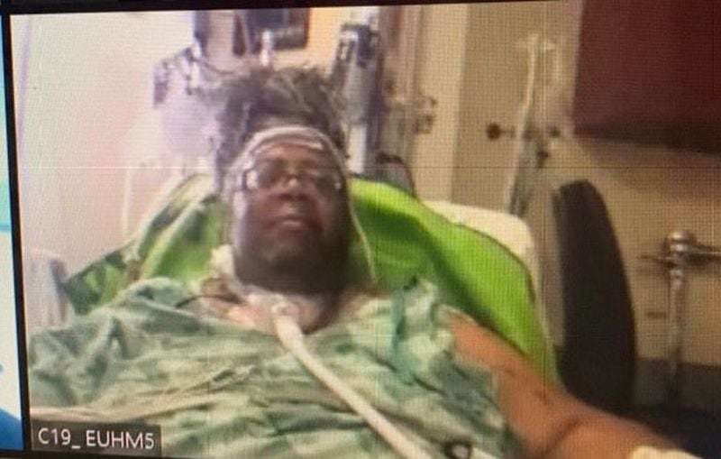 A screenshot of Janice Cockfield in the Emory University Hospital Midtown intensive care unit during a Zoom video chat with her siblings on June 3, 2020 — not quite two weeks after she'd emerged from a medically induced coma. (Credit: Janese Cockfield / Contributed) 