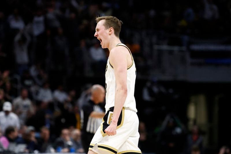 Purdue guard Fletcher Loyer reacts after a play during the second half of a Sweet 16 college basketball game against Gonzaga in the NCAA Tournament, Friday, March 29, 2024, in Detroit. (AP Photo/Duane Burleson)