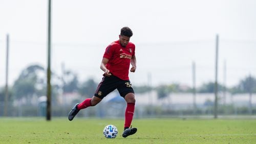 George Campbell dribbles the ball during the preseason match against the Philadelphia Union during preseason at IMG Academy in Bradenton, FL, on Friday January 24, 2020. (Photo by Jacob Gonzalez/Atlanta United)