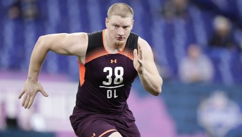 Washington offensive lineman Kaleb McGary runs a drill at the NFL football scouting combine in Indianapolis, Friday, March 1, 2019. (AP Photo/Michael Conroy)
Photo: Michael Conroy/Associated Press