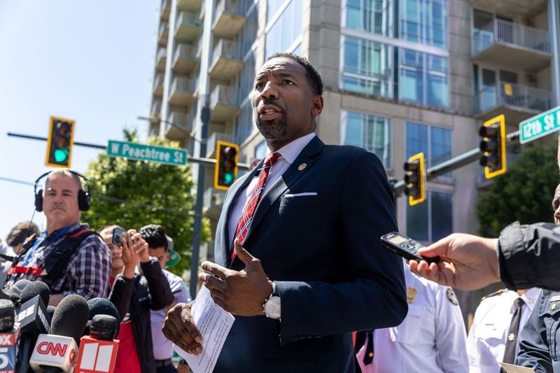 Mayor Andre Dickens speaks at a news conference near Northside Hospital Midtown medical office building where five people were shot on Wednesday, May 3, 2023. (Arvin Temkar/The Atlanta Journal-Constitution/TNS)