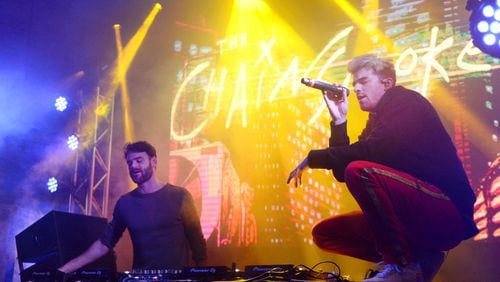 Alex Pall (L) and Andrew Taggart of The Chainsmokers perform onstage at the Fanatics Super Bowl Party on February 3, 2018 in Minneapolis, Minnesota.