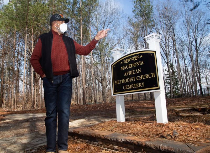  Johns Creek's Historical Society Board Member Kirk Canaday talks about the Macedonia Cemetery in February 2021. Last September he was interviewed by student filmmakers for a documentary on the cemetery. STEVE SCHAEFER FOR THE ATLANTA JOURNAL-CONSTITUTION