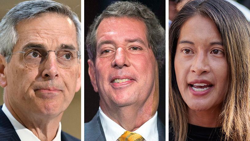 Republican Brad Raffensperger, left, Libertarian Ted Metz and Democrat Bee Nguyen are competing in the 2022 race for Georgia secretary of state. They participated in a debate Tuesday.