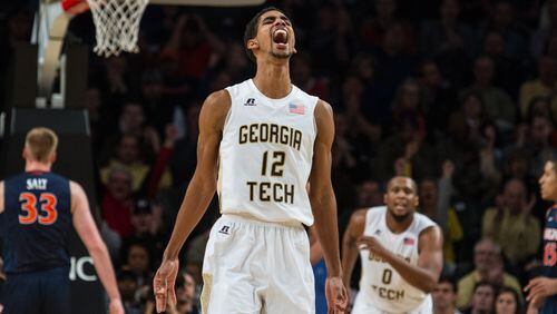 Ga. Tech's Quinton Stephens celebrates his three-pointer during their 68-64 ACC win against Virginia at McCamish Pavilion in Atlanta, Ga., Saturday, Jan. 9, 2016. Photo by Mikki K. Harris -----Five things to know about Virginia at Georgia Tech men's basketball