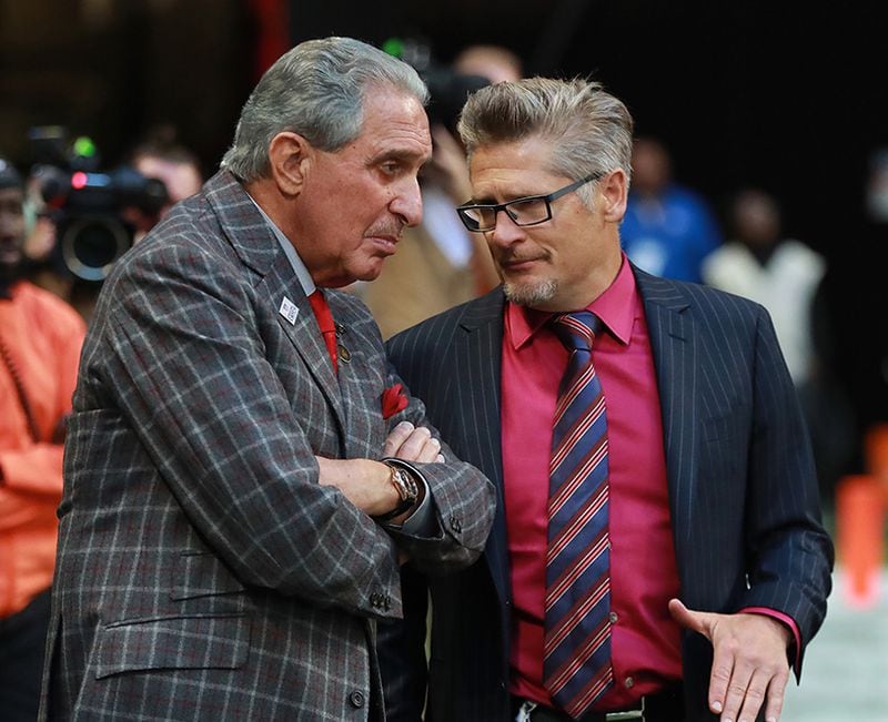 Falcons owner Arthur Blank (left) confers with general manager Thomas Dimitroff in the final minutes of a 37-10 loss to the Los Angeles Rams Sunday, Oct. 20, 2019, at Mercedes-Benz Stadium in Atlanta. The loss put Atlanta's record at 1-6 on the season.