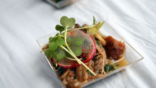 pulled pork and mushrooms with pickled radish