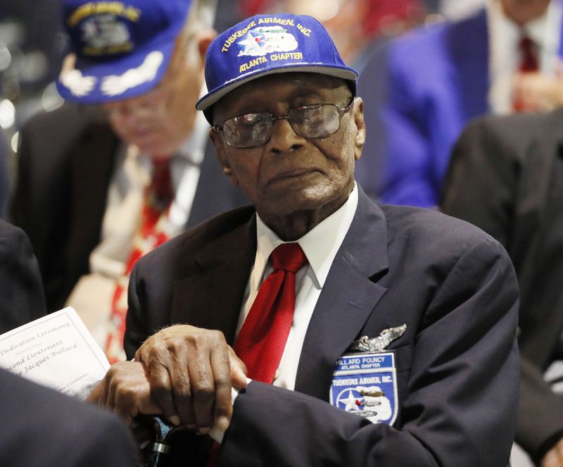 October 9, 2019 - Robins AFB - Hillard Pouncy,  from Austell, an original Tuskegee Airman, attended the dedication. Georgia's WWI Centennial Commission unveiled a statue of Eugene Bullard, a war hero from Columbus and the first black military pilot in the world, at Museum of Aviation at Robins Air Force Base Bob Andres / robert.andres@ajc.com