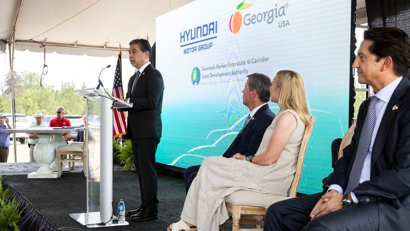 ELLABELL, GEORGIA - MAY 20, 2022: Hyundai Motor Group President and CEO Jae Hoon Chang speaks to during the announcement that the South Korean automotive giant is building an electric vehicle plant in Ellabell, Ga. It is the second major electric vehicle factory announcement in Georgia since December as state economic development officials try to turn the Peach State into an important manufacturing hub for battery-powered automobiles. (AJC Photo/Stephen B. Morton)