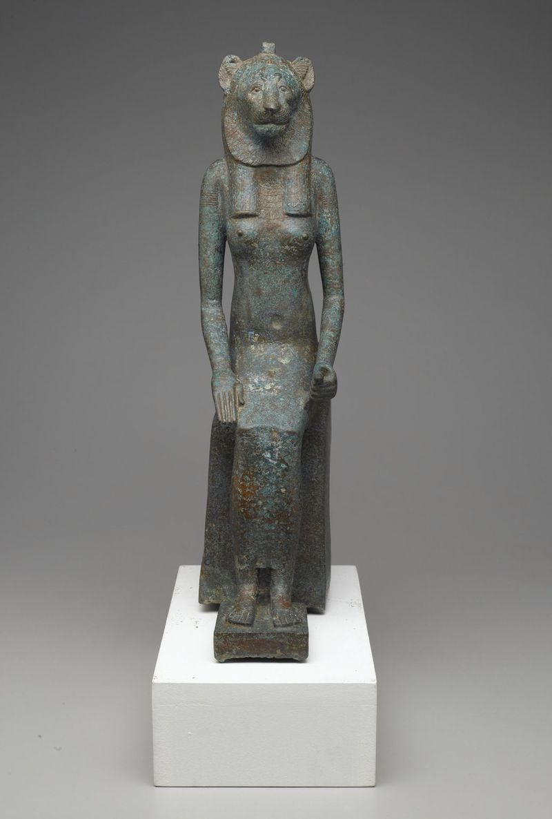 “Seated Wadjet” in bronze is one of the Egyptian artifacts that illustrate the ancient Egyptians’ devotion to cats as symbols of the divine in “Divine Felines: Cats of Ancient Egypt.” CONTRIBUTED BY BROOKLYN MUSEUM