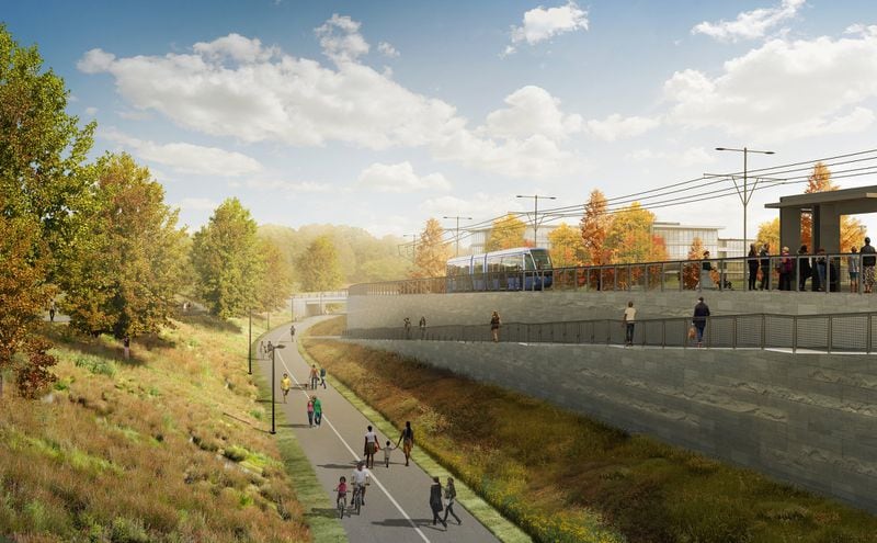 An artist rendering of the Atlanta Beltline Westside Trail, including future light rail service. Officials broke ground Wednesday, Nov. 12, 2014, on a three-mile, $43 million segment of the trail from near Washington Park to Adair Park.