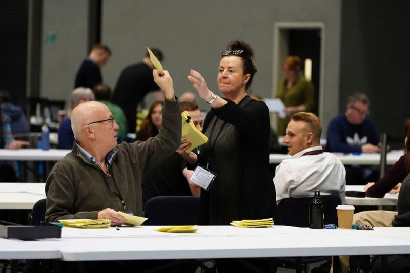 Counting starts for the Manchester Mayoral election at Manchester Central, England, Saturday May 4, 2024. (Peter Byrne/PA via AP)