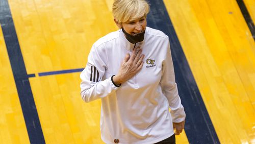 Georgia Tech coach Nell Fortner smiles after the team's 73-56 win over West Virginia in a college basketball game in the second round of the NCAA women's tournament, at the UTSA Convocation Center in San Antonio on Tuesday, March 23, 2021. (AP Photo/Stephen Spillman)