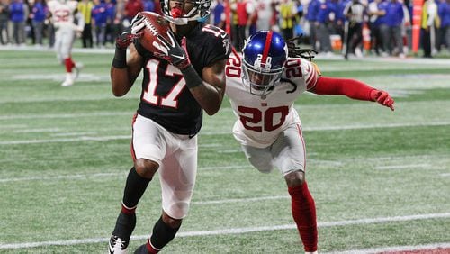 October 22, 2018 Atlanta: Atlanta Falcons wide receiver Marvin Hall catches a touchdown pass past New York Giants cornerback Janoris Jenkins for a 7-0 lead during the second quarter in a NFL football game on Monday, Oct 22, 2018, in Atlanta.   Curtis Compton/ccompton@ajc.com