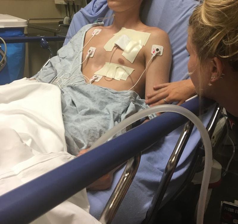 Amy Sedgwick’s son recovers from lung failure at Northside Hospital Forsyth in July 2019. The high school senior from Gwinnett County doesn’t want to be identified, but his mother wants people to know about the dangers of vaping. His lungs had to be sealed with staples after blisters on their surface popped, opening holes that caused them to collapse. While suffering from nicotine withdrawal in the hospital, he disclosed that he had been vaping heavily for six months. PHOTO CONTRIBUTED BY THE FAMILY