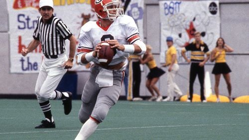 Georgia quarterback Buck Belue, shown in action against Vanderbilt in a game played Oct. 17, 1981, came off the bench as a freshman in 1978 to lift Georgia to a trilling 29-28 win over Georgia Tech that included a 42-yard touchdown catch and two-point conversion run by Amp Arnold.
