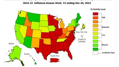 This map represents the spread of the flu as of the week of December 14-20, 2014, according to the CDC. As the CDC notes: "This map uses the proportion of outpatient visits to health care providers for influenza-like illness to measure the ILI activity level within a state. It does not, however, measure the extent of geographic spread of flu within a state. Therefore, outbreaks occurring in a single city could cause the state to display high activity levels."
