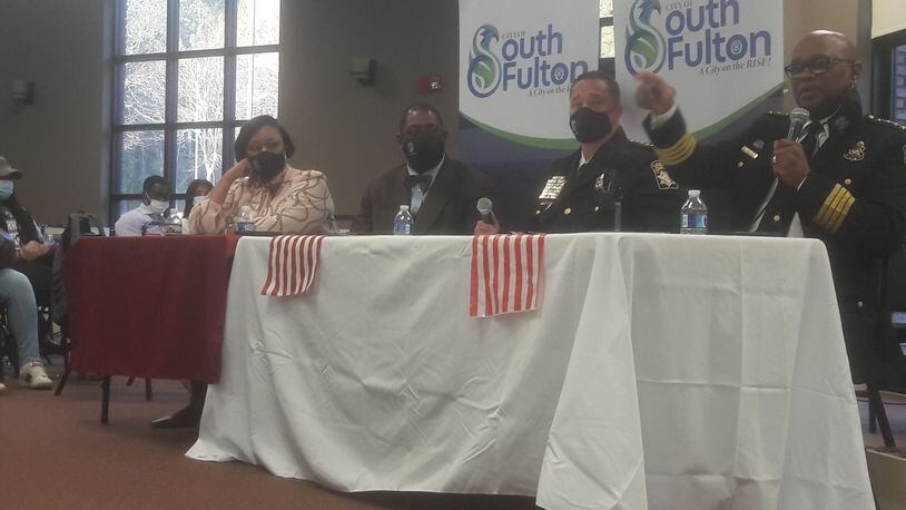 From left to right at main table: South Fulton Councilwoman Helen Willis, Fulton County Commissioner Marvin Arrington Jr., Sheriff Patrick Labat and South Fulton Police Chief Keith Meadows. The four hosted a town hall on public safety at Friendship Community Church on March 23, 2023.
