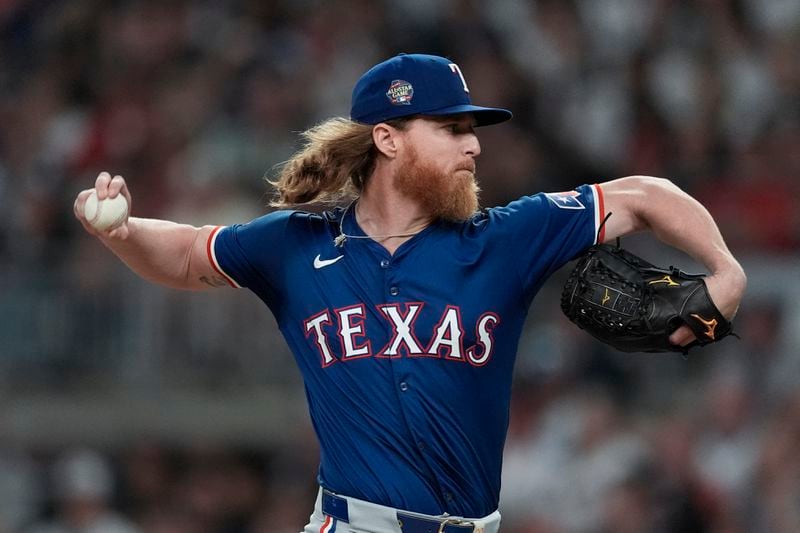 Texas Rangers relief pitcher Jon Gray works in the sixth inning of a baseball game against the Atlanta Braves Saturday, April 20, 2024, in Atlanta. (AP Photo/John Bazemore)