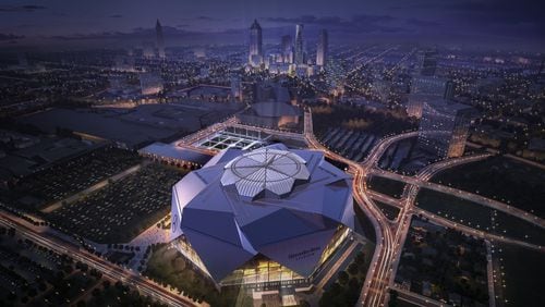 This artist’s rendering shows how the Mercedes-Benz logo will look atop the roof of Mercedes-Benz Stadium, the new stadium slated to open this summer. (Mercedes-Benz)