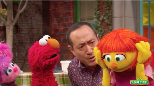 In a newly released video, Sesame Street friends learn that Julia, who has autism, does not like loud noises. Image: HBO/Sesame Street