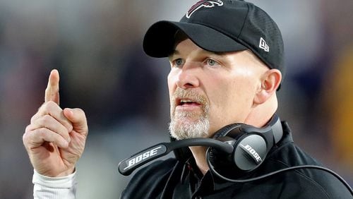 Dan Quinn coaches the Falcons to a 26-13 victory over the Rams in their NFL wild-card game on Saturday, January 6, 2018, in Los Angeles.  Curtis Compton/ccompton@ajc.com