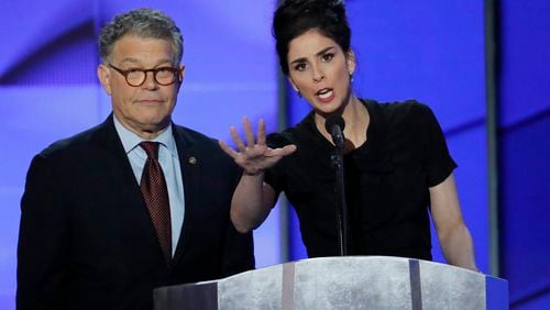 Sen. Al Franken, D-Minn., and comedian Sarah Silverman speak during the first day of the Democratic National Convention in Philadelphia , Monday, July 25, 2016. (AP Photo/J. Scott Applewhite)