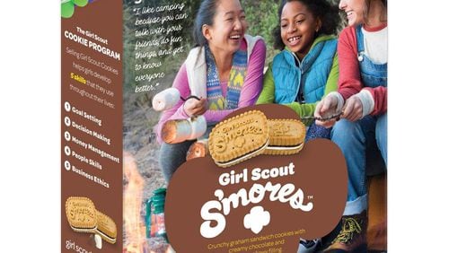 Meet the newest addition to the guilty pleasure Girl Scout cookies menu. “Girl Scout S’mores” are being sold this year to mark the 100th anniversary of Girl Scouts selling cookies. They’ll cost $6 a box — two dollars more than the price of most other Girl Scout cookies. Photo courtesy of Girl Scouts of Greater Atlanta.
