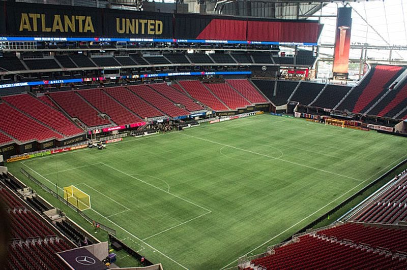 The view of Mercedes-Benz Stadium's field from the Coca-Cola Suite