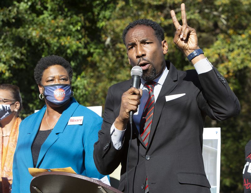 Then-Councilman and mayoral candidate Andre Dickens speaks during a rally in support of Peoplestown residents who were fighting the city of Atlanta to keep their homes. As mayor, Dickens ultimately negotiated a settlement with the residents. PHIL SKINNER FOR THE ATANTA JOURNAL-CONSTITUTION