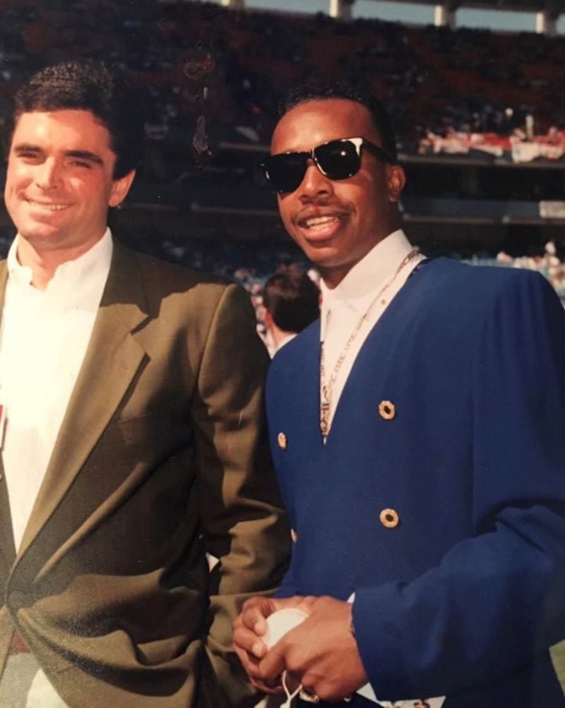 Sportscaster Jeff Hullinger shares a bit of Hammer Time with MC Hammer at a Braves game in the early 1990s.