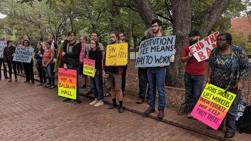 A group of University of Georgia graduate students and supporters protested before a state Board of Regents meeting on Oct. 15, 2019 to remove an institution fee and for greater access for immigrant students in the University System of Georgia. PHOTO CONTRIBUTED