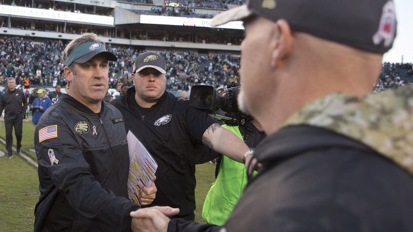 PHILADELPHIA, PA - NOVEMBER 13: Head coach Doug Pederson of the Philadelphia Eagles shakes hands with head coach Dan Quinn of the Atlanta Falcons after the game at Lincoln Financial Field on November 13, 2016 in Philadelphia, Pennsylvania. The Eagles defeated the Falcons 24-15. (Photo by Mitchell Leff/Getty Images)