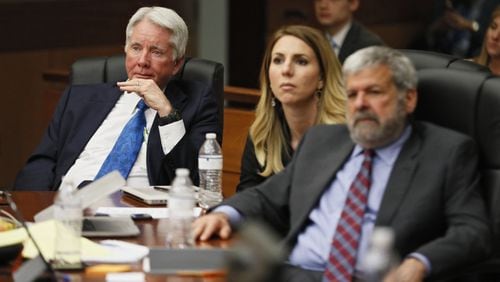 4/17/18 - Atlanta - Tex McIver (left), Defense attorney Amanda Clark Palmer, and Defense co-counsel Don Samuel watch Defense attorney Bruce Harvey make final arguments for the defense today during the Tex McIver murder trial at the Fulton County Courthouse. Bob Andres bandres@ajc.com