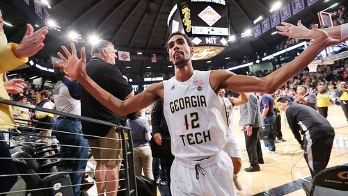 March 19, 2017, Atlanta: Georgia Tech forward Quinton Stephens celebrates with fans after leading the Yellow Jackets to a 71-57 victory over Belmont in their NIT tournament round two NCAA basketball game on Sunday, March 19, 2017, in Atlanta. Curtis Compton/ccompton@ajc.com