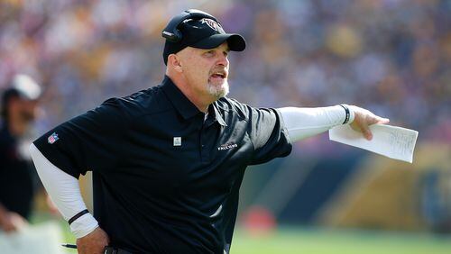 Falcons coach Dan Quinn makes his point during disappointing second half in Pittsburgh. (Justin K. Aller/Getty Images)
